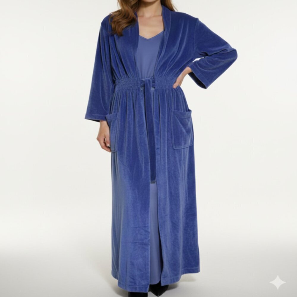 Vintage Velour Smocked Waist Royal Blue Maxi Robe - Size M - Picture 1 of 12
